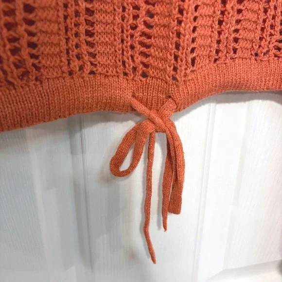 Women S Open Knit Sweater Coral Orange Crop Balloon Sleeve‎ Boxy American Eagle - Picture 8 of 8